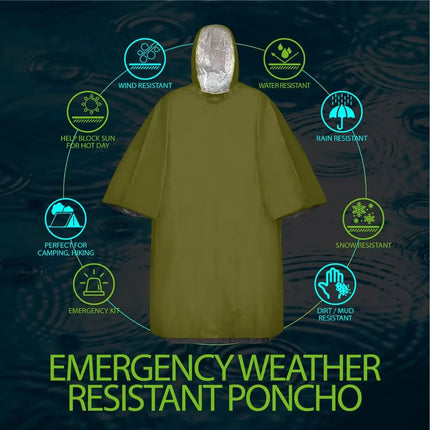 Emergency Rain Poncho Hood Reusable Weather Resistant Raincoat Men Women Camping Hiking Outdoor Survival Waterproof Travel Gear