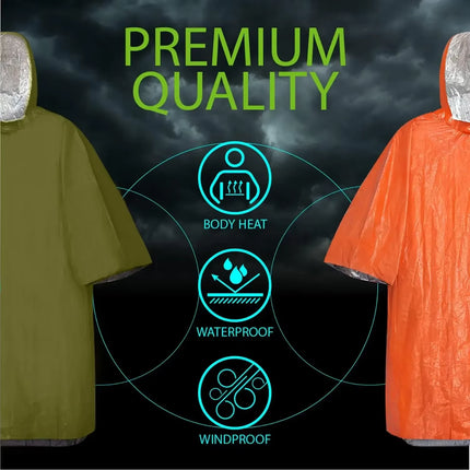 Emergency Rain Poncho Hood Reusable Weather Resistant Raincoat Men Women Camping Hiking Outdoor Survival Waterproof Travel Gear