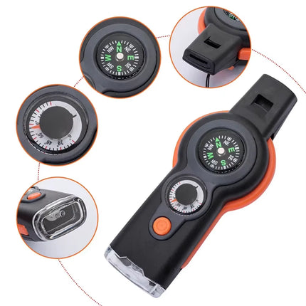 7-in-1 Survival Whistle – LED, Compass, Thermometer for Camping!